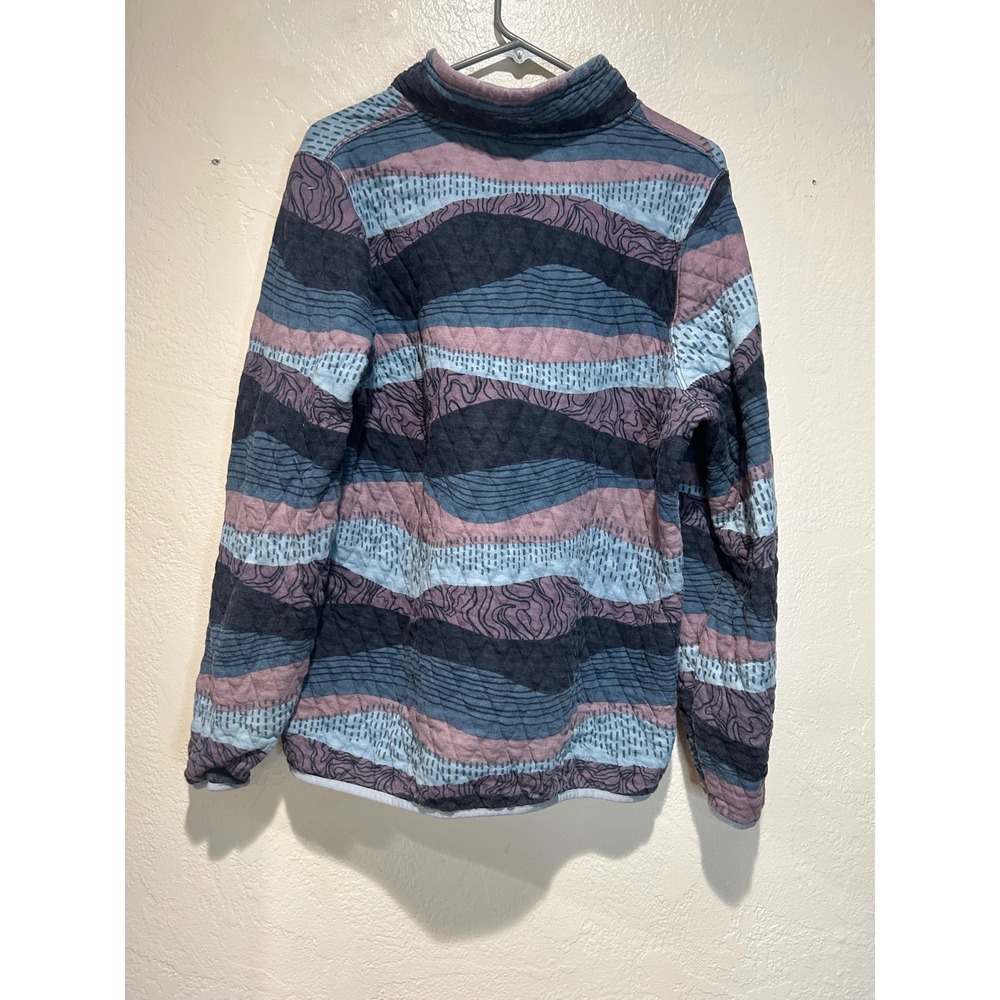 Orvis Womens Large Quilted Snap Mock Neck Pullover Abstract Wavy Stripe Blue L - Picture 2 of 7